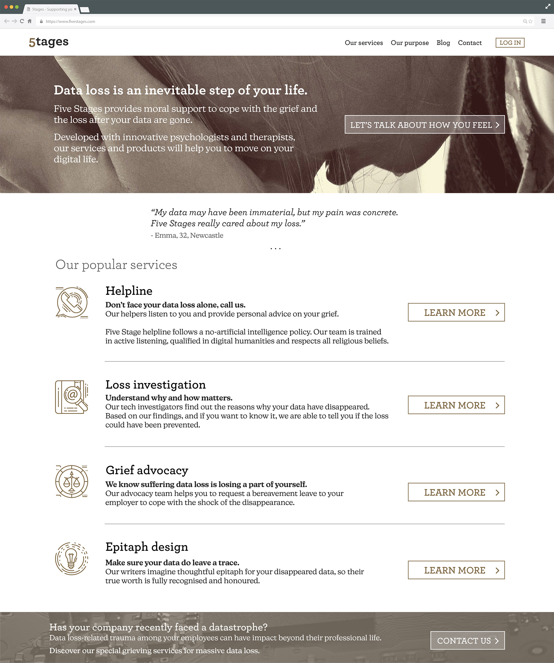 The landing page of 5stages, a startup moral support to cope with the grief and the loss after one's data are gone.